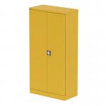 This photo features a bright yellow, 2-door tall cupboard with shelves. The sleek, modern design and clean lines of the Silverline Qube cupboards add a pop of color and organization to any space. The 1850mm height offers ample storage for stationery and other items, making it a practical addition to any office or home.