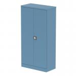 In the photograph, two tall pastel blue cupboards stand side by side, measuring 1850mm high. Each cupboard has 2 doors and is labeled Qube. The shelves inside are visible and there are various stationery items neatly organized. The silver accents on the doors and handles add a sleek touch.