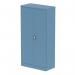 In the photograph, two tall pastel blue cupboards stand side by side, measuring 1850mm high. Each cupboard has 2 doors and is labeled Qube. The shelves inside are visible and there are various stationery items neatly organized. The silver accents on the doors and handles add a sleek touch.