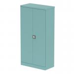 This picture showcases two tall 1850mm 2-door cupboards with a stylish pastel turquoise color. The cupboards are part of the Silverline Qube collection and feature shelves for organizing stationery and other items. The doors and overall design are sleek and modern.