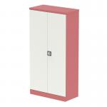 The photo shows stylish, compact Silverline tall cupboards in a vintage-inspired antique pink and satin white finish. The tall design and 2-door feature make for efficient storage of stationery items. The shelves offer additional organization options.