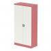 The photo shows stylish, compact Silverline tall cupboards in a vintage-inspired antique pink and satin white finish. The tall design and 2-door feature make for efficient storage of stationery items. The shelves offer additional organization options.