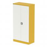 The photograph features two silverline tall cupboards in a bright and playful lemon yellow and sleek satin white finish. The cupboards stand at 1850mm tall and have 2 doors, with shelves inside for storage. The modern design of the cupboards adds a pop of color and functionality to any space.