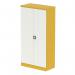 The photograph features two silverline tall cupboards in a bright and playful lemon yellow and sleek satin white finish. The cupboards stand at 1850mm tall and have 2 doors, with shelves inside for storage. The modern design of the cupboards adds a pop of color and functionality to any space.