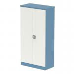 The Silverline Tall cupboards Qube 1850mm has a sleek design with clean lines in a pastel blue and satin white color. The two doors open to reveal spacious shelves, perfect for storing stationery supplies. The overall height of 1850mm creates a tall and elegant appearance, making this a great addition to any office or home workspace.