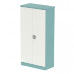 The image shows a tall cupboard in a striking combination of pastel turquoise and satin white. The 2-door design and 1850mm height provide ample storage space. Inside, shelves are visible, ready to organize stationery. The sleek silverline finish adds a touch of modern elegance.