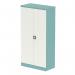 The image shows a tall cupboard in a striking combination of pastel turquoise and satin white. The 2-door design and 1850mm height provide ample storage space. Inside, shelves are visible, ready to organize stationery. The sleek silverline finish adds a touch of modern elegance.
