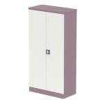 The photograph displays two tall cupboards, each measuring 1850mm in height and featuring a two-door design. These cupboards are in a pastel violet color with a satin white finish, and are equipped with shelves for storage.