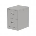 The photograph shows two sleek and modern Silverline Steel Filing Cabinets in a neutral Goose Grey color. Each cabinet has two drawers, with silver handles and a smooth finish. The cabinets are part of the Qube collection and would be a stylish addition to any office space.