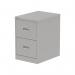 The photograph shows two sleek and modern Silverline Steel Filing Cabinets in a neutral Goose Grey color. Each cabinet has two drawers, with silver handles and a smooth finish. The cabinets are part of the Qube collection and would be a stylish addition to any office space.