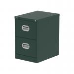 This photo features a sleek and modern Silverline Steel Filing Cabinet in British Racing Green. The Qube 2 Drawer design adds organization and style to any office space. Its sturdy construction and vibrant color make it a standout piece.