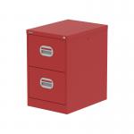 The photo shows sleek Silverline Steel Filing Cabinets in a vibrant red color. The Qube 2 Drawer Filing Cabinet has a modern design with clean lines and a sturdy build. Its compact size makes it perfect for any office space.
