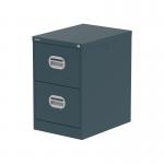 The photo shows a sleek Silverline steel filing cabinet with two drawers in a vibrant ocean cobalt color. The cabinet has a Qube design, featuring clean lines and a modern feel. It is a perfect addition to any office space, providing ample storage for important documents.