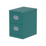 A photo of the Silverline Steel Filing Cabinets Qube 2 Drawer Filing Cabinet Verdigris QS2142 showcases a sleek and modern design with two spacious drawers and a beautiful verdigris finish. The silver accents and clean lines complement any office space, providing functional storage while adding a touch of style.