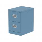 This image shows two Silverline Steel Filing Cabinets, in a pastel blue color, placed one on top of the other. Each cabinet has two drawers with silver handles and a lock mechanism. The cabinets are placed against a neutral background, showcasing their sleek and modern design.