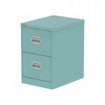 This photo features a sleek Silverline Steel Filing Cabinet in pastel turquoise. With two spacious drawers, the Qube 2 Drawer Filing Cabinet offers stylish storage for your documents. The modern design and sturdy construction make it a practical addition to any workspace.