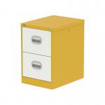 The image shows a sleek and modern Silverline steel filing cabinet in a vibrant lemon yellow and satin white color. The compact Qube 2 drawer design is visible, providing ample storage space for documents and files. Its sturdy construction and minimalist aesthetic make it a stylish addition to any office or home workspace.