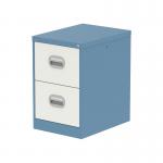 This photo features a sleek and modern Silverline steel filing cabinet, with a glossy pastel blue and satin white finish. The cabinet has two drawers, perfect for organizing and storing important documents. It adds a stylish touch to any office space.