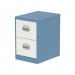 This photo features a sleek and modern Silverline steel filing cabinet, with a glossy pastel blue and satin white finish. The cabinet has two drawers, perfect for organizing and storing important documents. It adds a stylish touch to any office space.