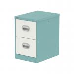 This photograph showcases the sleek and modern Silverline Steel Filing Cabinets Qube 2 Drawer Filing Cabinet in a stunning Pastel Turquoise and Satin White color combination. The cabinets, with their clean lines and subtle color palette, make for a stylish addition to any office space.