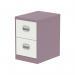The Silverline Steel Filing Cabinets Qube 2 Drawer Filing Cabinet in Pastel Violet and Satin White showcases a sleek design with clean lines and a modern color combination. Two spacious drawers provide ample storage for documents and other office essentials. The durable steel construction adds a touch of industrial charm to any workspace.