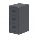 This photo features a sleek Silverline Steel Filing Cabinet Qube in Graphite Grey with three spacious drawers for all your filing needs. The modern design and durable construction make it the perfect addition to any office space.