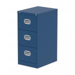 This photograph features a sleek and modern Qube 3 drawer filing cabinet in a bold blue color, made of Silverline steel. The cabinets appear sturdy and functional, making them a great addition to any office space. Each drawer is neatly labeled and easily accessible, providing organization and efficiency.