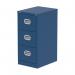This photograph features a sleek and modern Qube 3 drawer filing cabinet in a bold blue color, made of Silverline steel. The cabinets appear sturdy and functional, making them a great addition to any office space. Each drawer is neatly labeled and easily accessible, providing organization and efficiency.