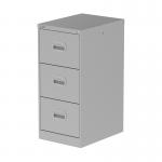 The photo shows a sleek and modern silver steel filing cabinet. It has three spacious drawers and a durable structure that exudes functionality and style. The Qube design adds a touch of sophistication, making it a perfect addition to any office space.