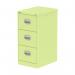 This photograph features Silverline Steel Filing Cabinets Qube, in a striking chlorophyll green color. The cabinet has three drawers, providing ample storage space. The sleek and sturdy design makes it a functional addition to any office space.