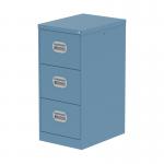 This photograph features a sleek Silverline Steel Filing Cabinet in a charming pastel blue color. With three spacious drawers, the Qube cabinet offers ample storage for your filing needs. The silver handles and clean lines add a modern touch to any office space.