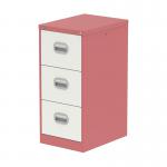 The photo shows a sleek steel filing cabinet in a vibrant antique pink and satin white finish. It features three spacious drawers adorned with silverline handles, adding a touch of elegance to any office space. The Qube design adds a modern twist to the classic filing cabinet.