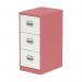 The photo shows a sleek steel filing cabinet in a vibrant antique pink and satin white finish. It features three spacious drawers adorned with silverline handles, adding a touch of elegance to any office space. The Qube design adds a modern twist to the classic filing cabinet.