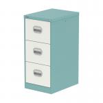 This image shows three Silverline Steel Filing Cabinets, each with three drawers, in a stunning pastel turquoise and satin white color scheme. The cabinets are in the Qube style, with a sleek and modern design that would complement any office space.
