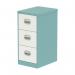 This image shows three Silverline Steel Filing Cabinets, each with three drawers, in a stunning pastel turquoise and satin white color scheme. The cabinets are in the Qube style, with a sleek and modern design that would complement any office space.
