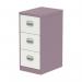 This photo features a sleek and modern Silverline Steel Filing Cabinet in a light pastel violet color, accented by a glossy satin white finish. The 3 spacious drawers provide ample storage for documents and supplies. The overall look exudes a touch of sophistication and functionality.