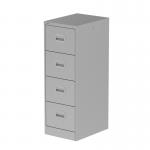 The picture shows a sleek, modern silver Steel Filing Cabinet with four deep drawers from Silverlines Qube line. The cabinet is clean and professional, with a polished finish and efficient design.