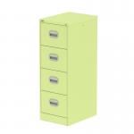 This image shows a sleek and modern Silverline Steel Filing Cabinet - Qube 4 Drawer Filing Cabinet in a vibrant shade of chlorophyll green. The cabinet has a clean and minimalistic design with four spacious drawers, perfect for organizing and storing important documents.