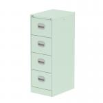 This photograph features a sleek and sturdy Silverline Steel Filing Cabinets Qube 4 Drawer Filing Cabinet in a refreshing peppermint green color. Its industrial design and four spacious drawers make it a practical storage solution for any space.