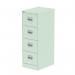 This photograph features a sleek and sturdy Silverline Steel Filing Cabinets Qube 4 Drawer Filing Cabinet in a refreshing peppermint green color. Its industrial design and four spacious drawers make it a practical storage solution for any space.