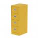 In the picture, there is a bright lemon yellow Silverline Steel Filing Cabinets Qube 4 Drawer Filing Cabinet. The cabinet has a smooth steel finish and features four spacious drawers. Each drawer has a sleek silver handle for easy opening and closing. The yellow color adds a pop of vibrancy to any office space.