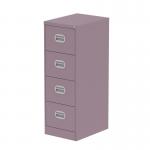 This photograph showcases a sleek and functional Silverline Steel Filing Cabinet in Pastel Violet. The Qube 4 Drawer design offers plenty of storage space for your filing needs. The bright, playful color adds a pop of personality to any office space.