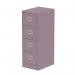 This photograph showcases a sleek and functional Silverline Steel Filing Cabinet in Pastel Violet. The Qube 4 Drawer design offers plenty of storage space for your filing needs. The bright, playful color adds a pop of personality to any office space.