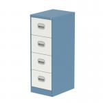 This photo showcases a contemporary Silverline Steel Filing Cabinet with a sleek Pastel Blue and Satin White finish. Featuring four spacious drawers, this Qube cabinet boasts both functionality and style for any office space.