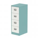 This photograph features the Silverline Steel Filing Cabinets Qube 4 drawer filing cabinet in a vibrant pastel turquoise and sleek satin white design. The cabinet is sturdy and modern, with a clean and organized appearance.