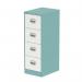 This photograph features the Silverline Steel Filing Cabinets Qube 4 drawer filing cabinet in a vibrant pastel turquoise and sleek satin white design. The cabinet is sturdy and modern, with a clean and organized appearance.
