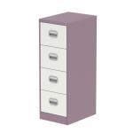 The picture showcases the sleek and modern design of the Silverline Steel Filing Cabinets Qube 4 Drawer Filing Cabinet. The pastel violet and satin white colors give a calming and stylish touch. Its smooth steel finish and four spacious drawers can provide ample storage for your documents and supplies.