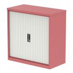 The photo shows a sleek Silverline Tambour Cupboard in Qube 1000mm size. The unique combination of antique pink and satin white gives it a modern look. It features a side opening tambour door and is fully equipped with inner shelves.