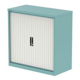 Qube 1000mm Side Tambour Cupboard Pastel Turquoise And Satin White With Shelves QS2217