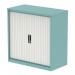 This image features a sleek and modern Silverline Tambour Cupboard in Pastel Turquoise and Satin White. The 1000mm side tambour cupboard is equipped with shelves for organized storage. Its clean lines and vibrant colors add a touch of sophistication to any office space.